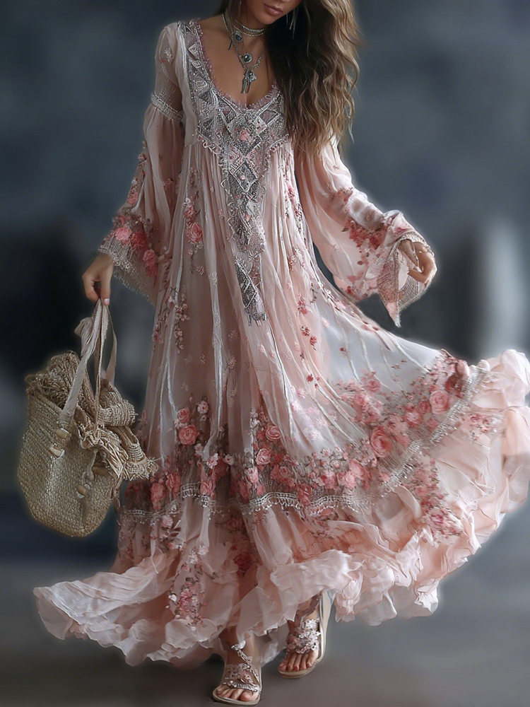 Women's Retro Floral Art Print Flowy Linen Blend Casual Long Sleeve Maxi Dress