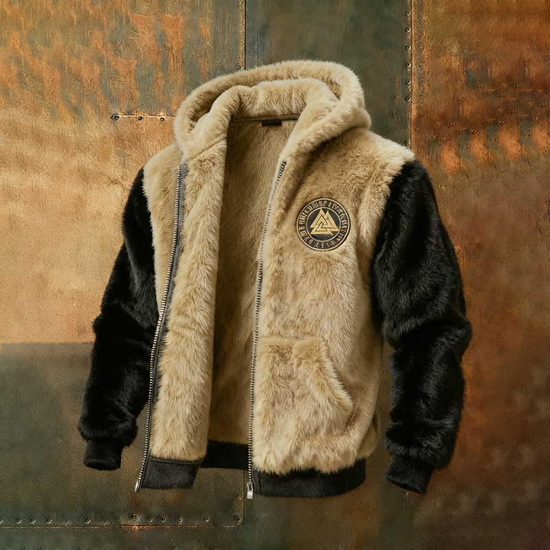 Men's Vintage Viking Symbolic Art Color Blocked Plush Warm Zipped Hooded Jacket