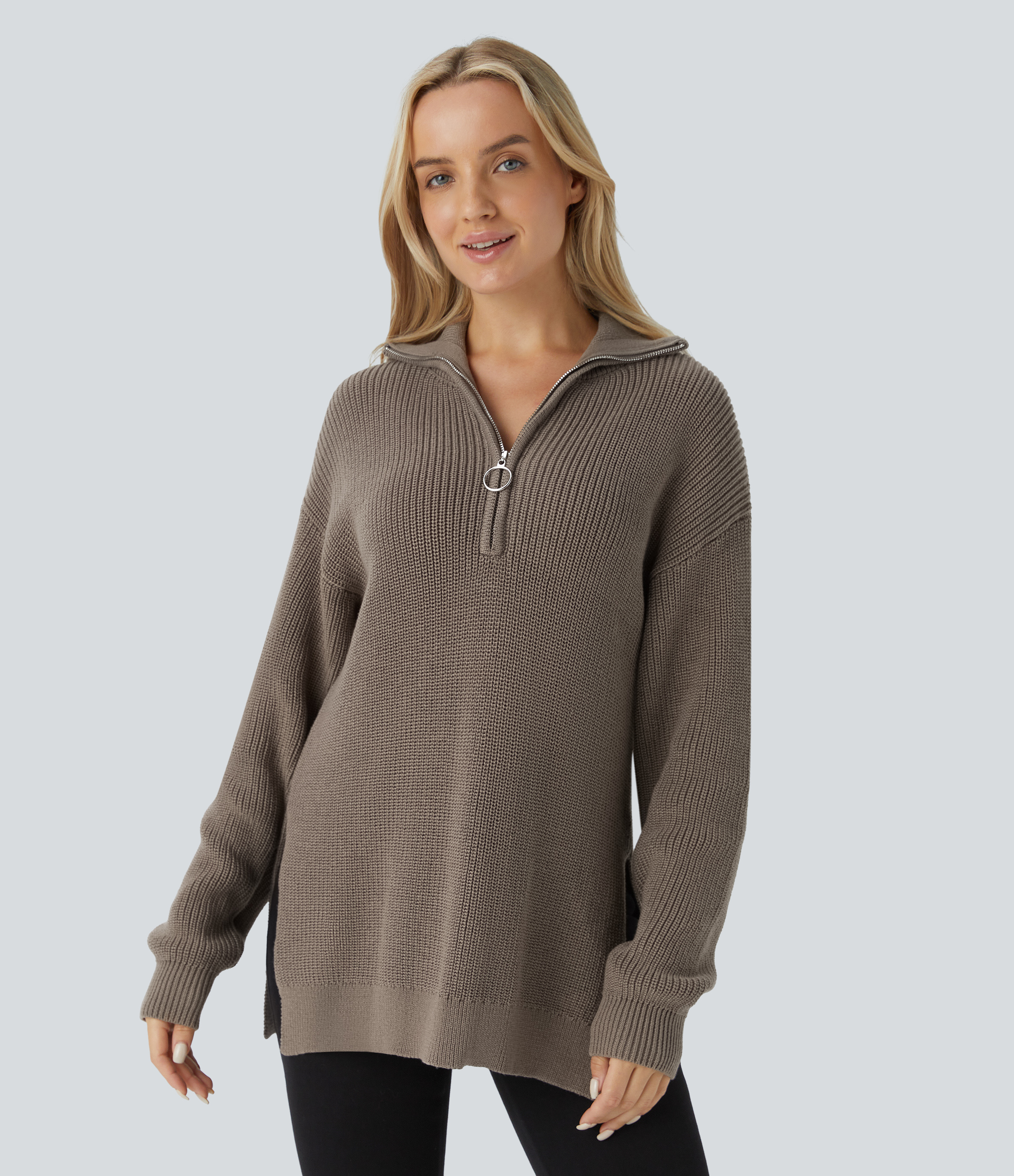 Funnel Neck Half Zip Long Sleeve Casual Sweater