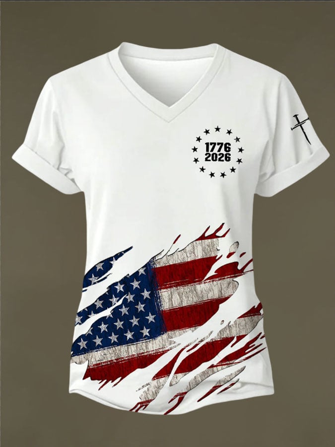 Women's Vintage American Flag Print Casual T-shirt