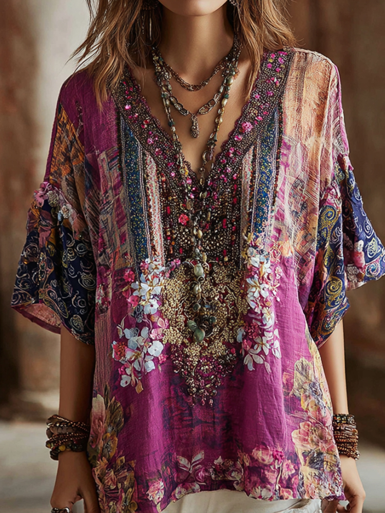 Bohème Floral Tie-dye V-neck Top