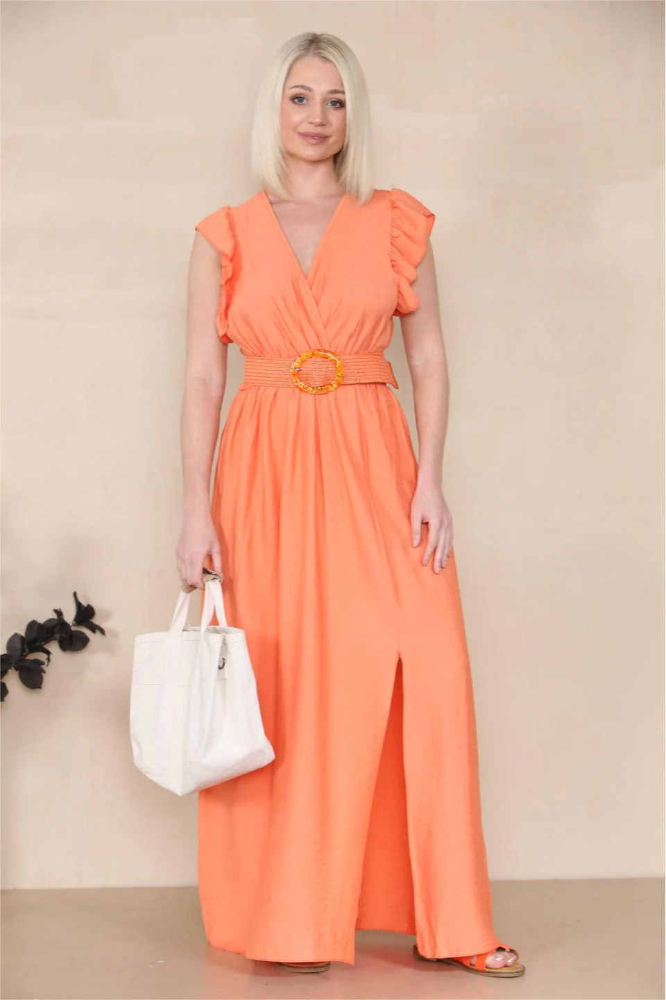 Elegant Solid V Neck Puff Sleeve Tie-Up Slit Maxi Dress