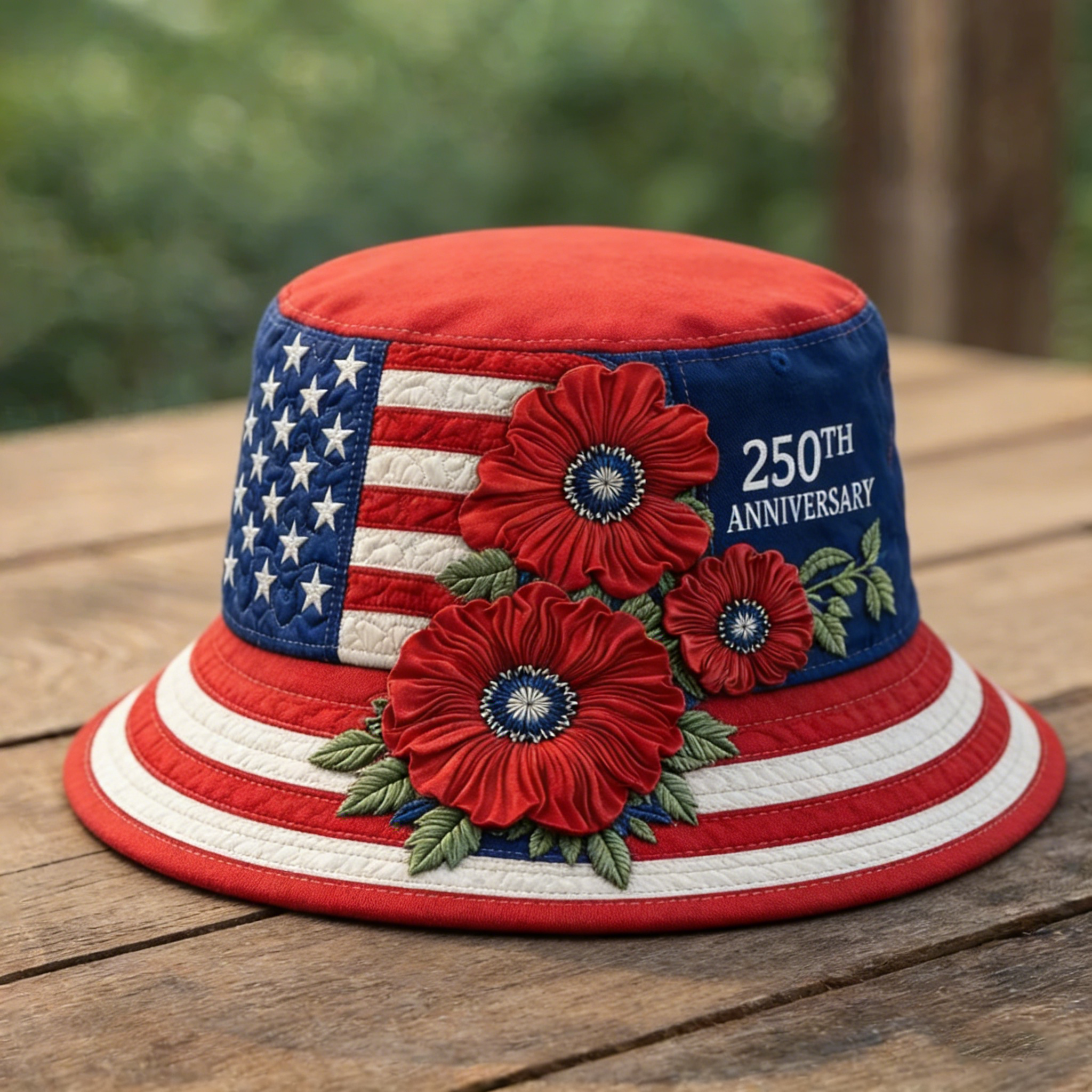 USA 250th Anniversary Floral Bucket Hat – Patriotic American Flag & Red Poppy Embroidered Hat