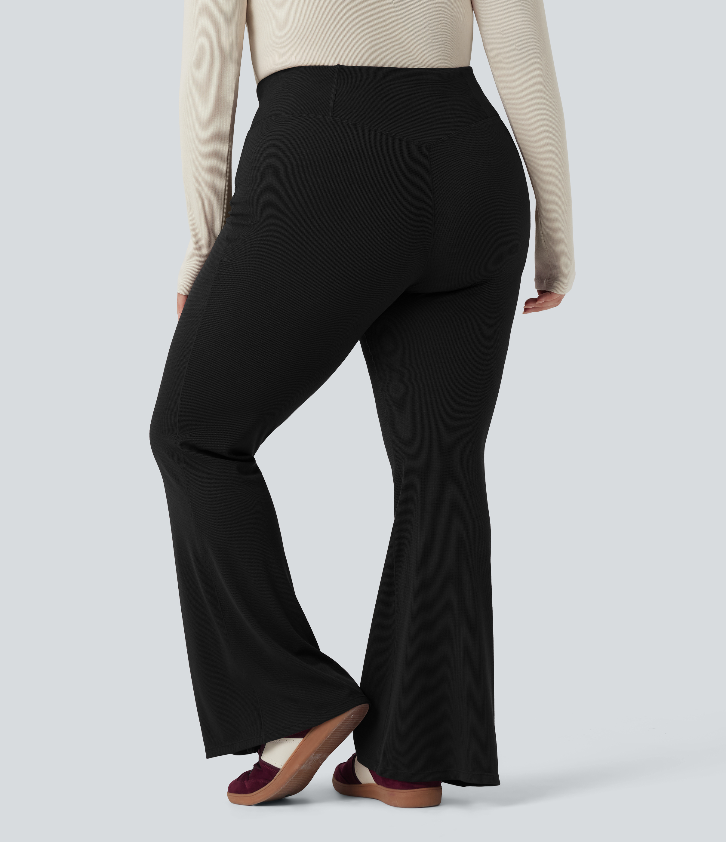 Plus Size Crossover High Waisted Waffle Casual Flare Pants with Pocket