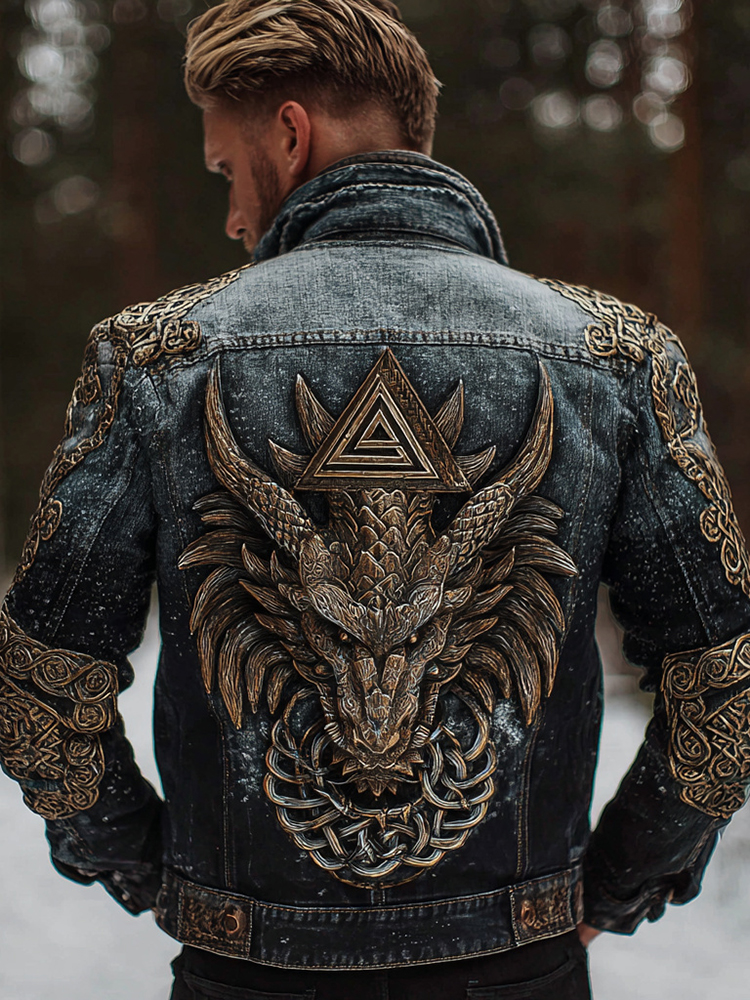 Men's Viking Dragon Art Washed Denim Jacket
