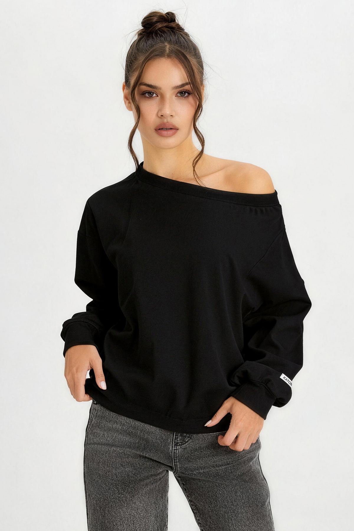 KatchMe Vibrant Solid Color Sloping Shoulder Long Sleeve Comfort Loose Top