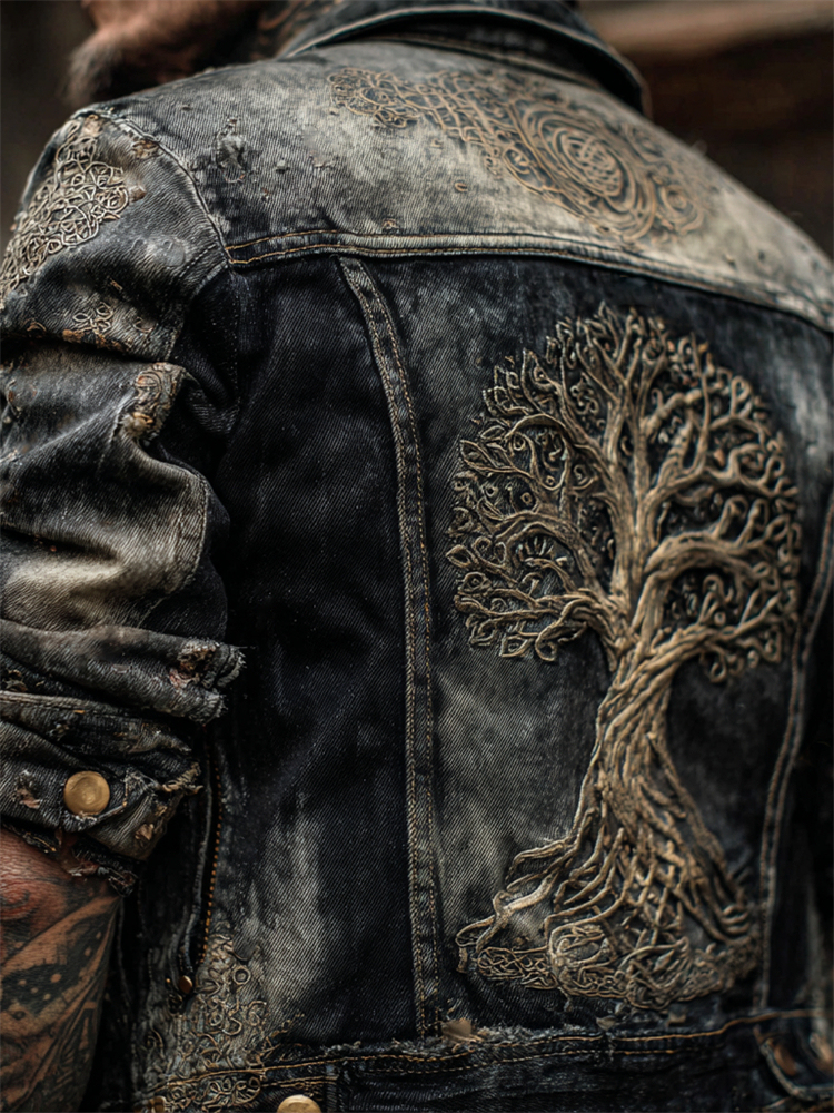 Men's Viking Tree Of Life Vintage Washed Denim Jacket