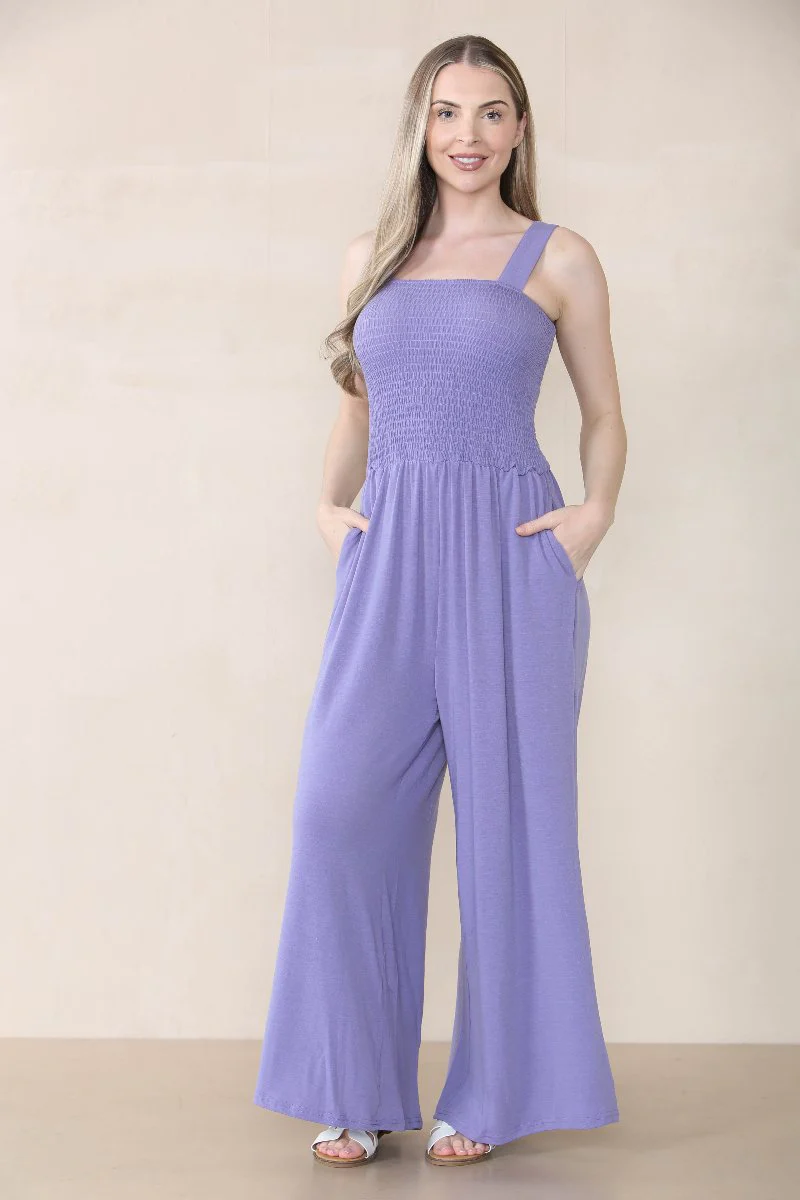 Elegant Thick Strap Ruched Pocket Wide Leg Jumpsuit
