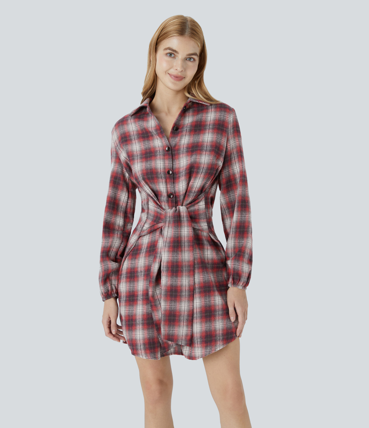 Tie Front Long Sleeve Plaid Mini Casual Dress