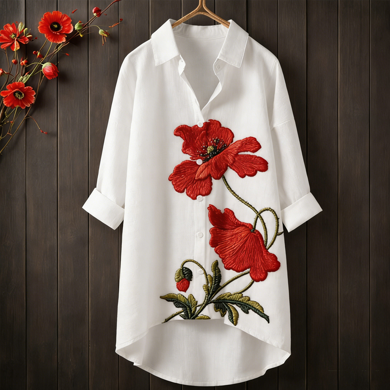 Women's Memorial Day Poppy Art Printed Casual Longline Shirt