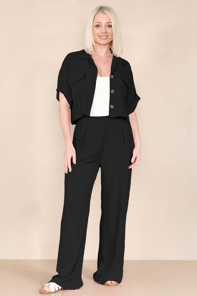 Women's Versatile Short Sleeve Button Crop Top & Wide Leg Trousers Co-ord