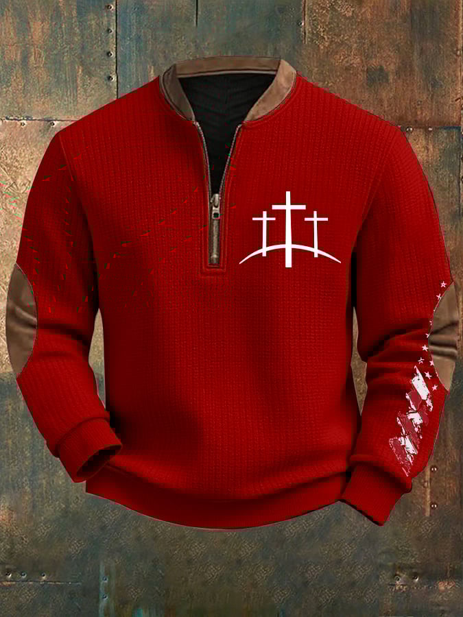 Men's Retro Faith Design Printed Zip Knit Sweatshirt