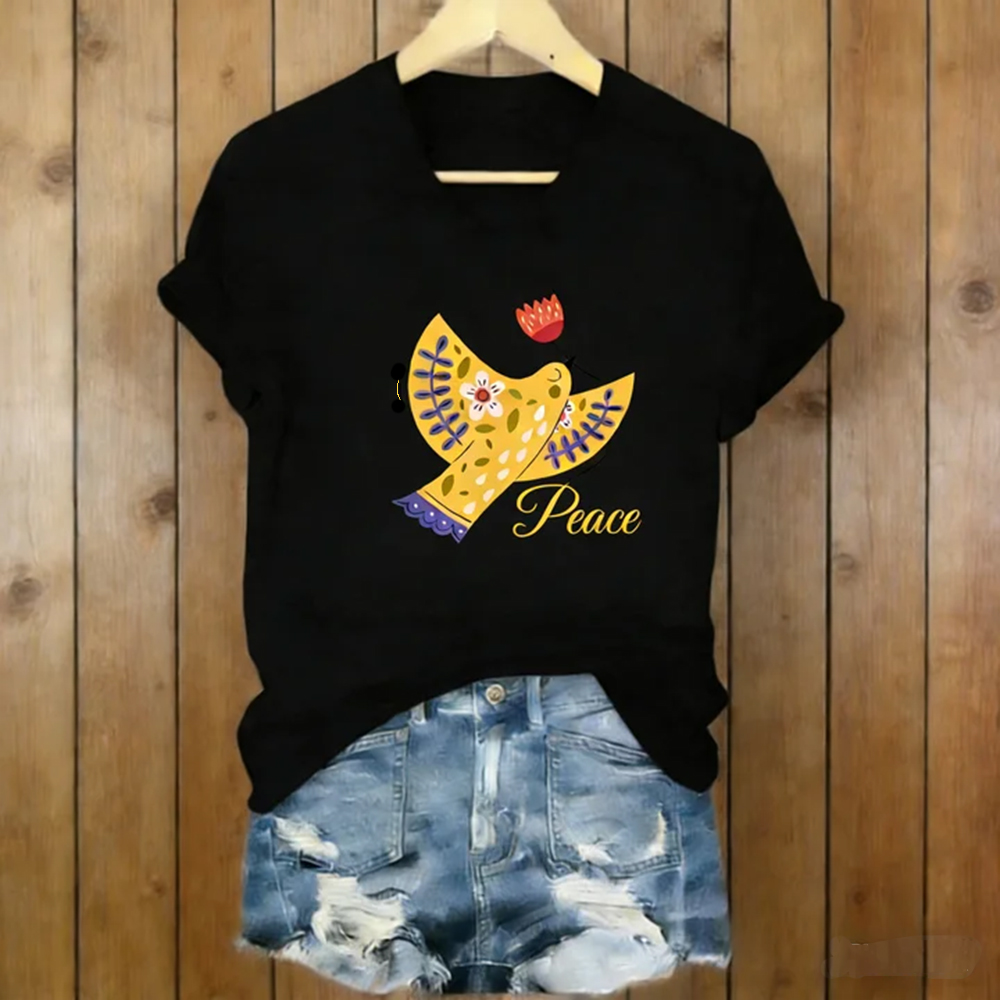 Artistic Dove And Floral Minimalist Printed Short Sleeve