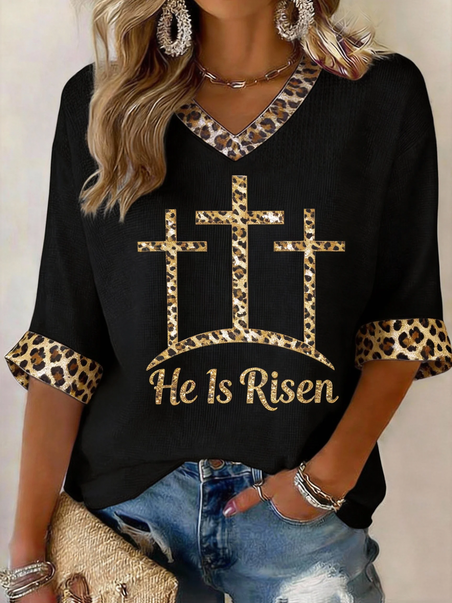 Women's Easter Three-Quarter Sleeve V-Neck Top