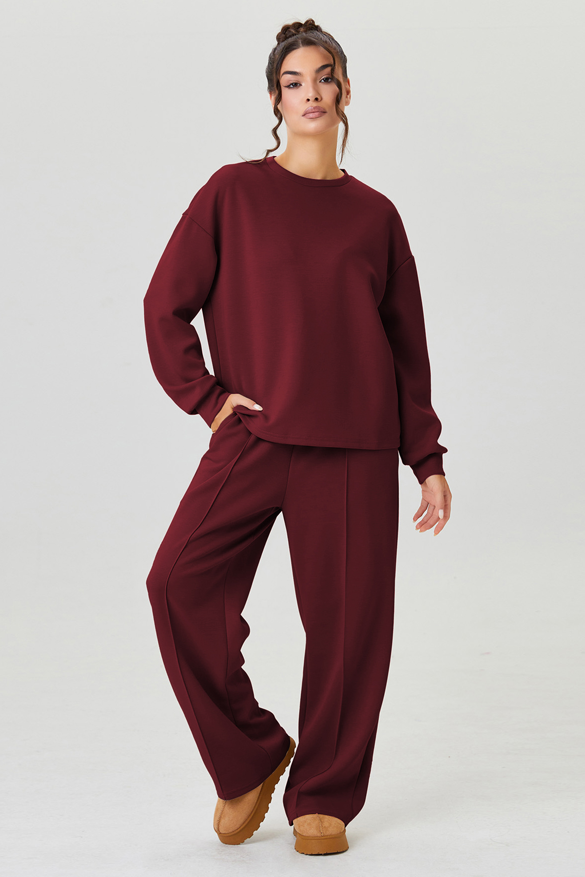 KatchMe Relaxed Solid Round Neck Top & Exposed Stitch Wide Leg Trousers Co-ord