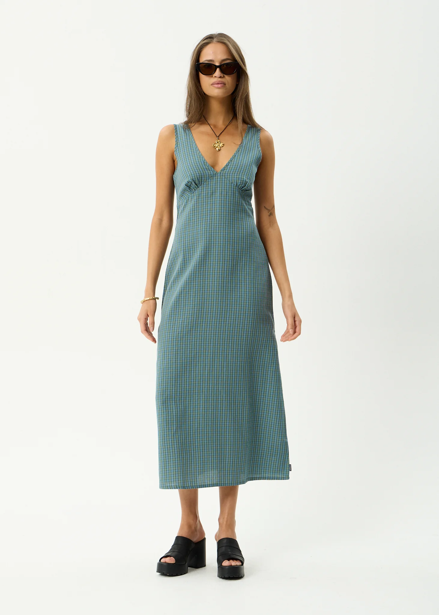 AFENDS Womens Voyager - Maxi Dress - Deep Olive Check
