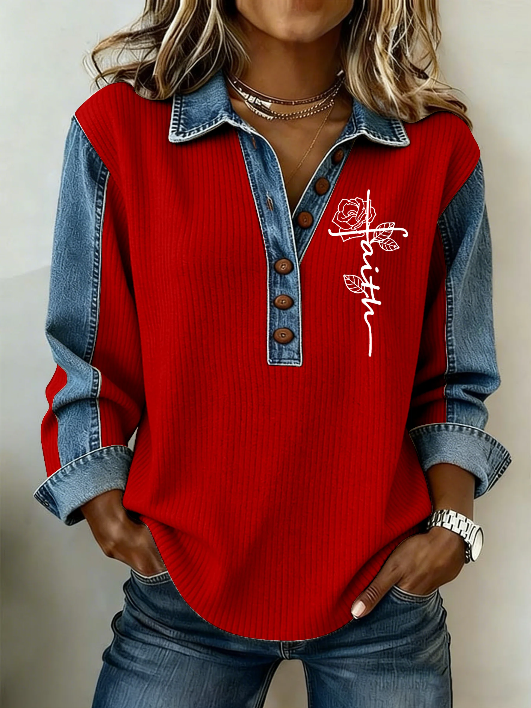 Women's Faith Printed Collar Button-Down Knit Top-Fast Shipping