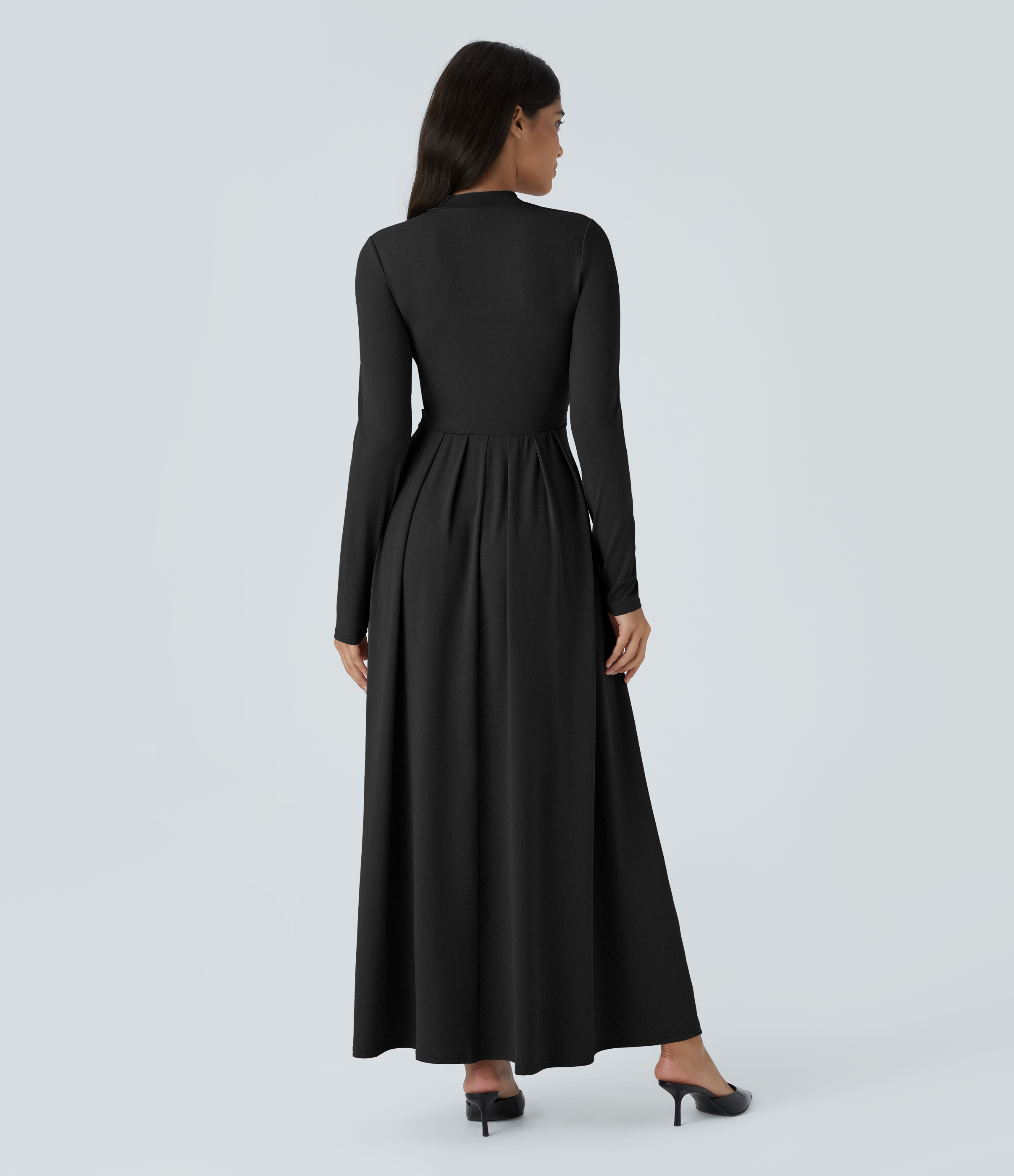 Mock-neck Long Sleeve Pocket Flare Maxi Casual Dress