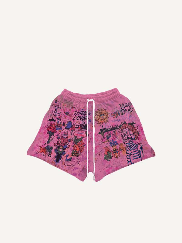 Tie-dye Animal&Figure&Graphic&Sun&Moon&Skeleton Print Drawstring Waist Shorts