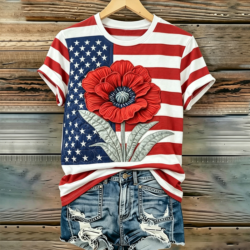 Women's Memorial Day Poppy Art Printed T-Shirt