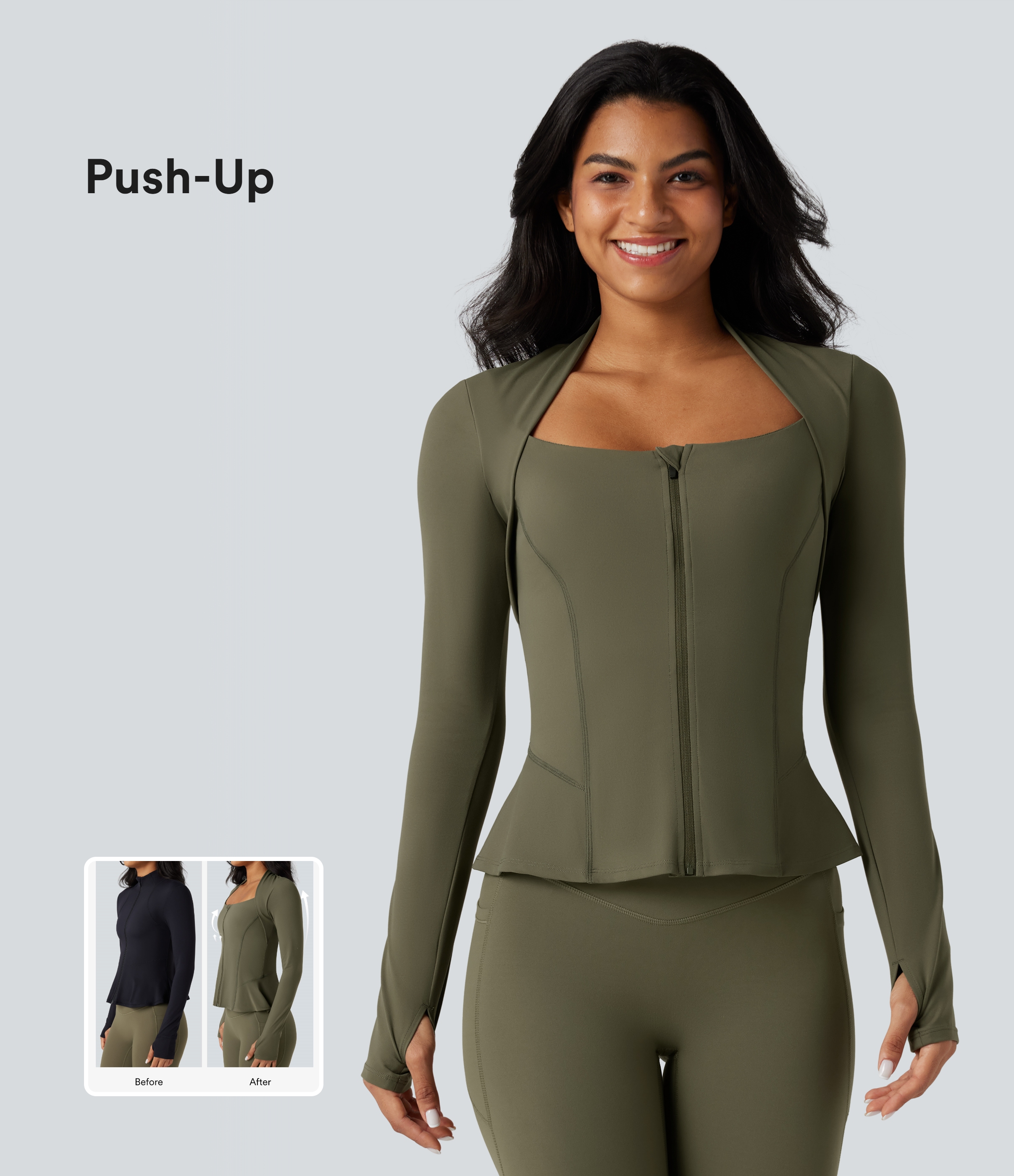Halara UltraSculpt™ Push-Up Long Sleeve Thumb Hole Zipper Ruffle Hem Yoga Jacket