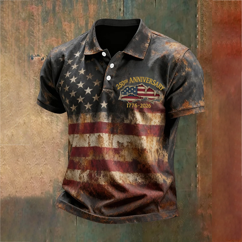 US 250th Anniversary Men's Retro Flag Print Casual Polo T-shirt