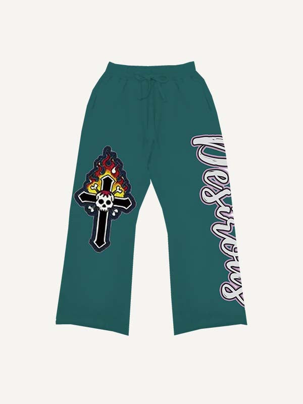 Cross&Skull&Fire&Uncomfortable Face&Letter Print Elastic Waist Pants