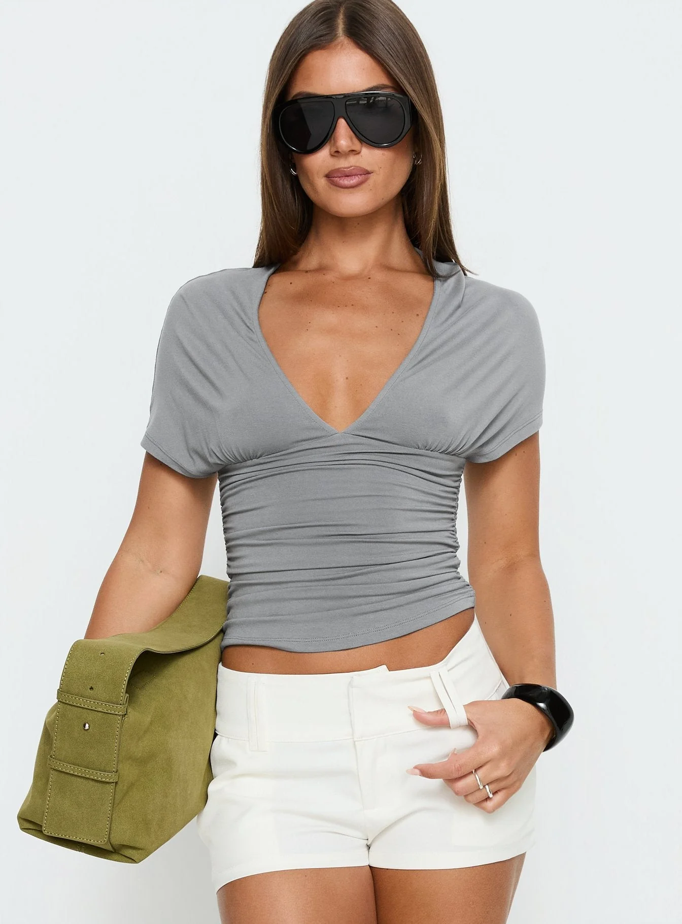 Osari Ruched Short Sleeve Jersey Top Grey