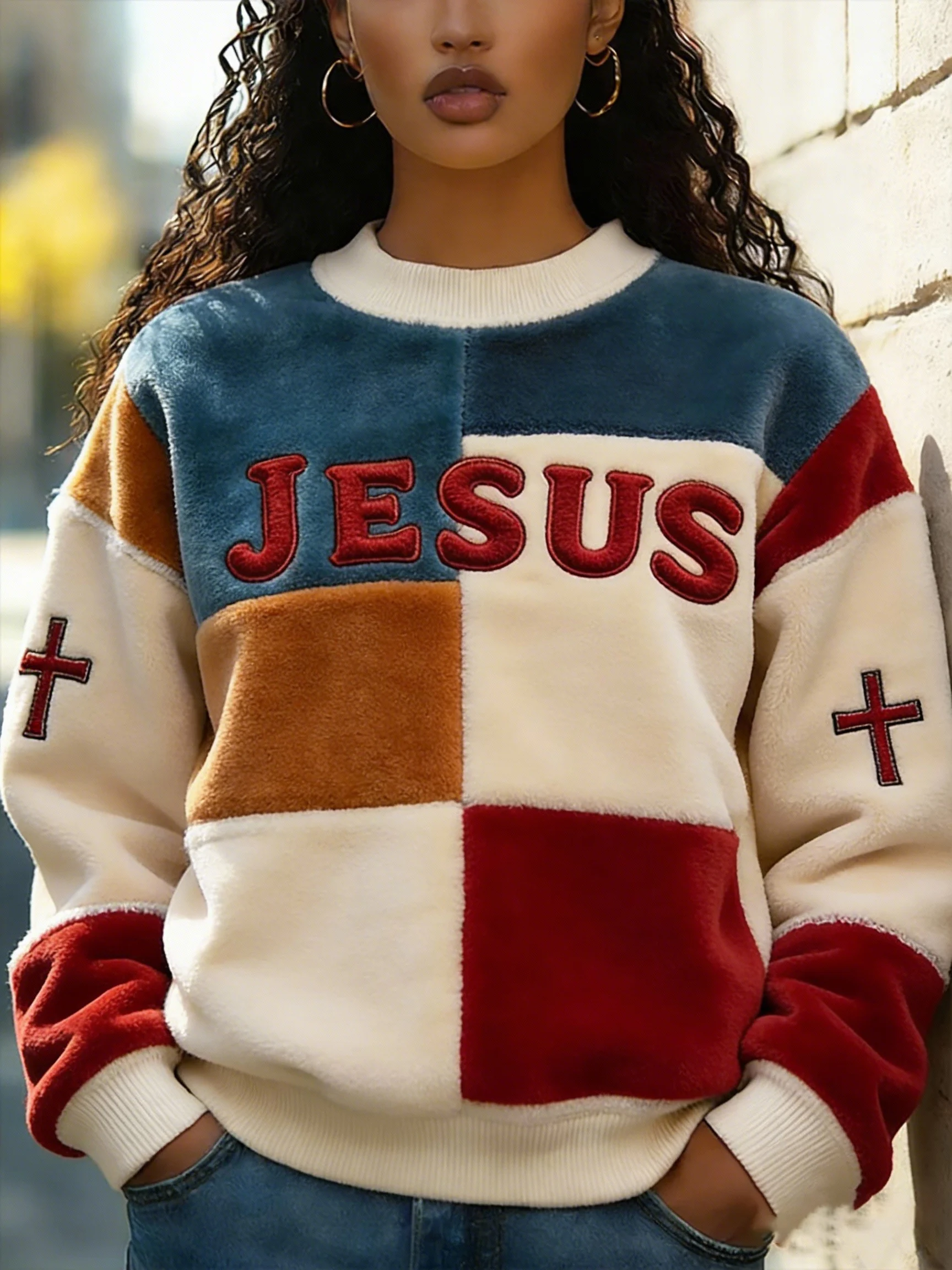 Women's Jesus Faith Cross Geometric Color Block Print Casual Sweatshirt-Fast Shipping