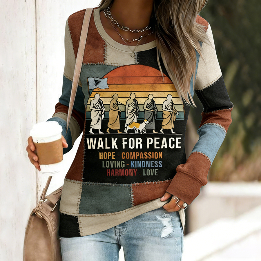 Vintage Walk For Peace In Patchwork Art Embroidered Casual Sweatshirt