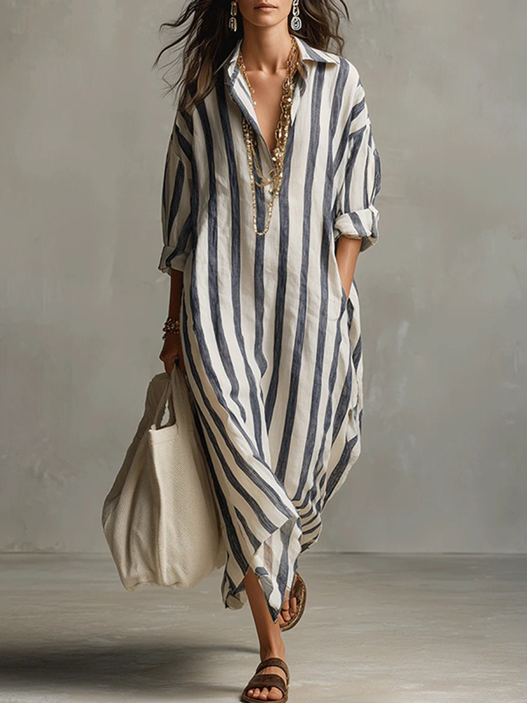 Women's Casual Striped Cotton Linen Maxi Shirt Dress