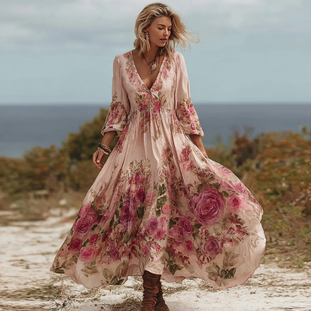 Vintage Boho Roses Print V Neck Long Sleeve Flowy Maxi Dress