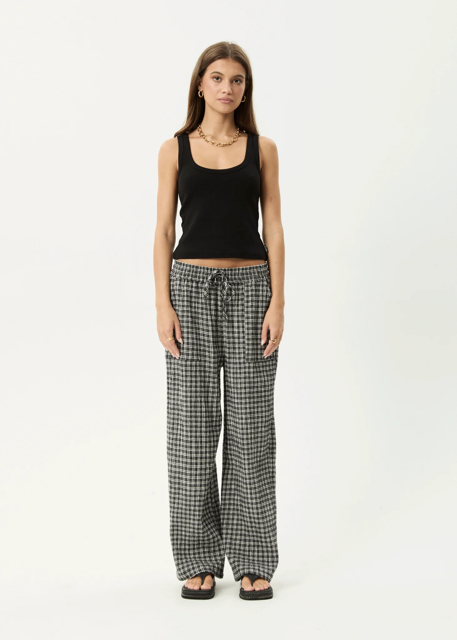 AFENDS Womens Asta - Seersucker Wide Leg Pant - Steel Check