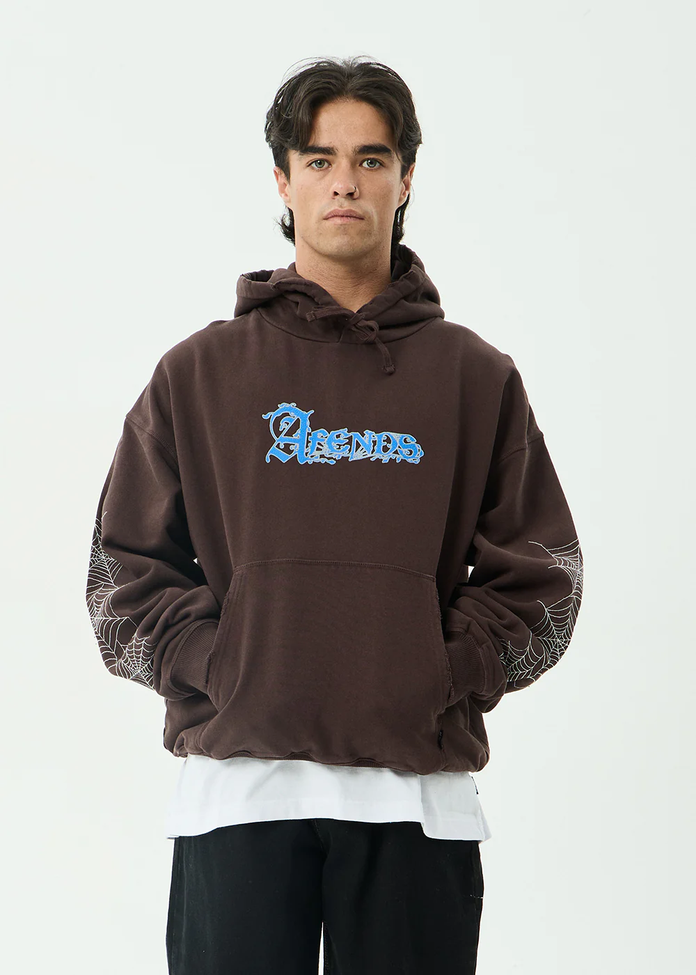 AFENDS Mens Labyrinth - Boxy Pull On Hood - Washed Coffee