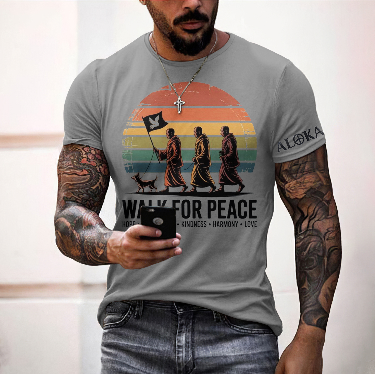 Men's Walk For Peace Monks With Aloka Dog Print Short Sleeve T-shirt