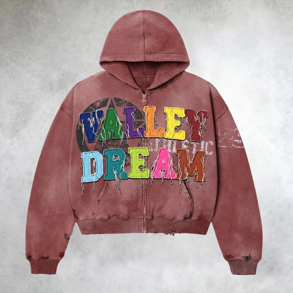 Colorful Flocked Fringed Loose Zip Up Hoodie