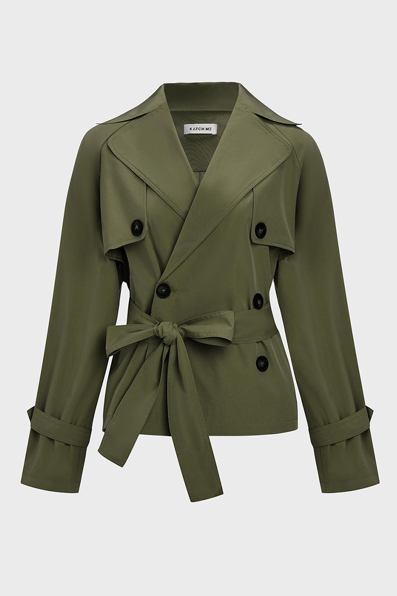 Casual Notch Lapel Double Breasted Waist Tie Trench Coat