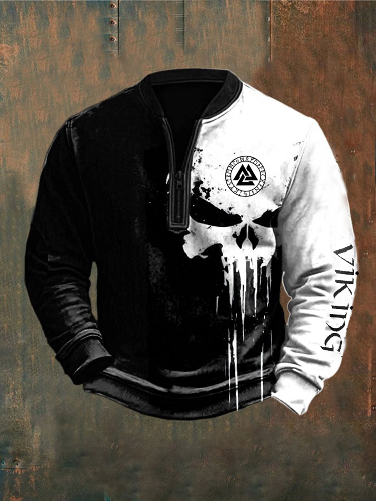Men's Vintage Viking Skull Print Zip-Up Sweatshirt