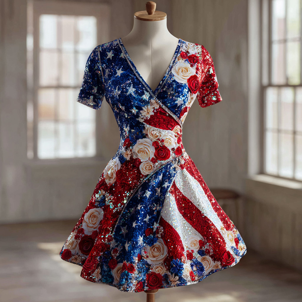 Women's Retro Floral US 250th Anniversary Print Casual Dress