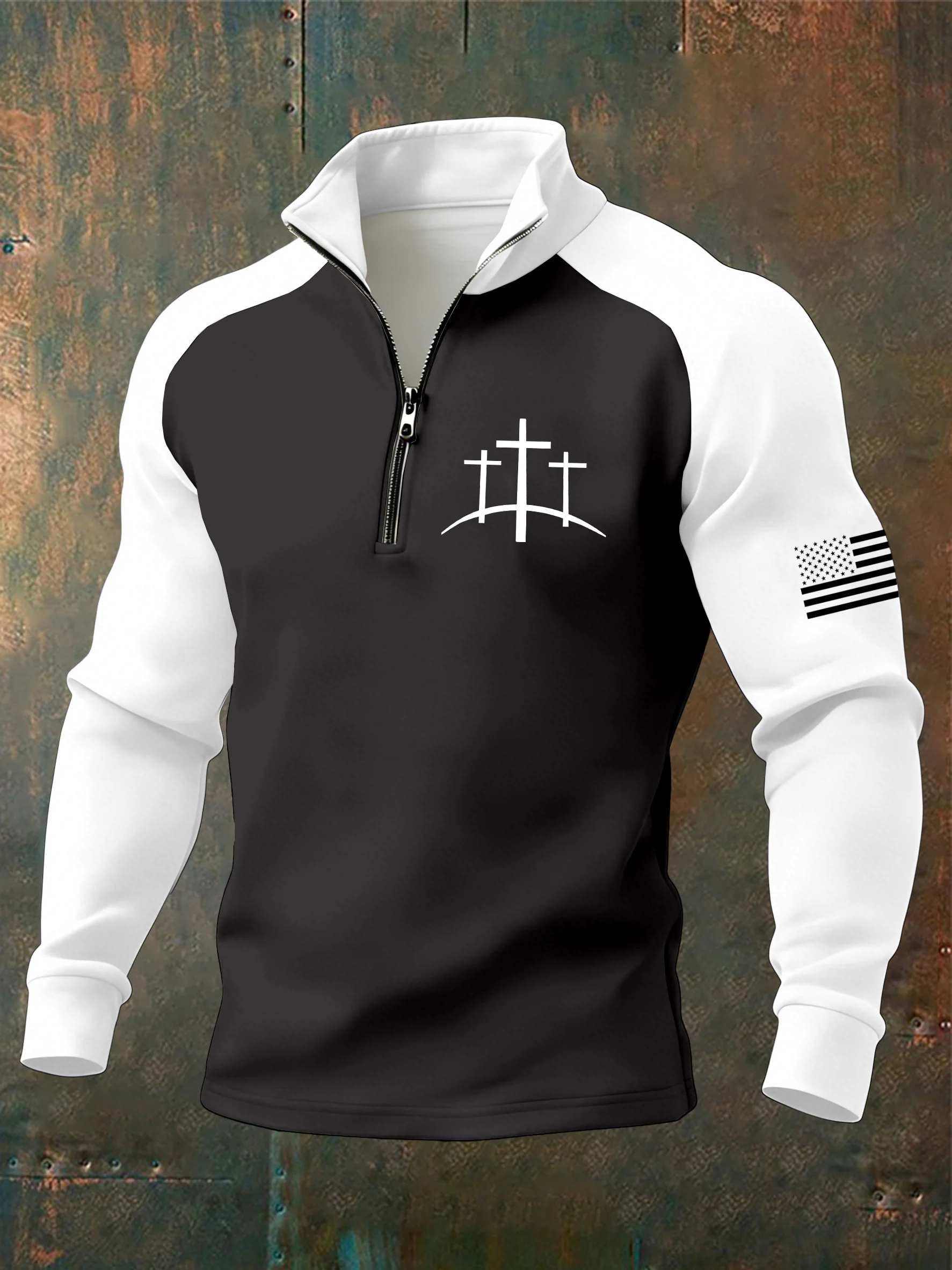 Men's Faith Cross Print Zipper Neck Sweatshirt