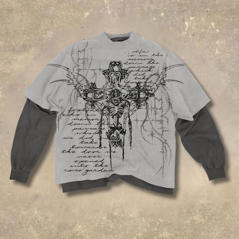 Dark Gothic Cross Skull Fake Two-Piece Shirt