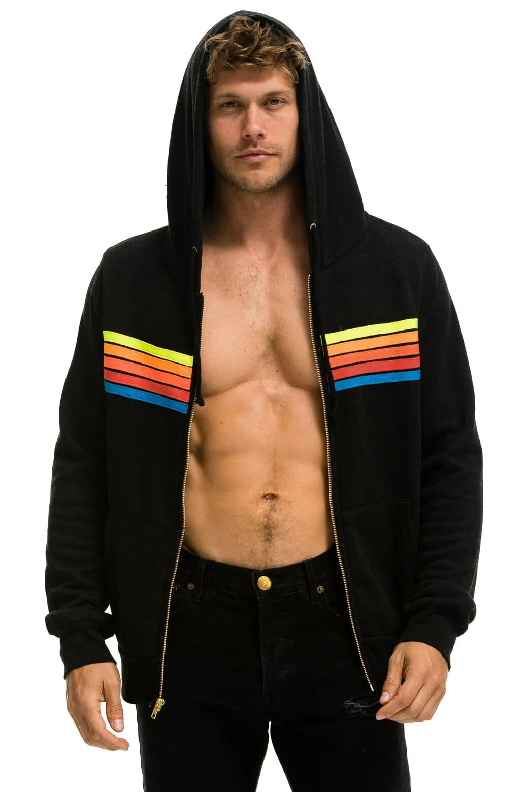 5 STRIPE HOODIE - BLACK // NEON RAINBOW