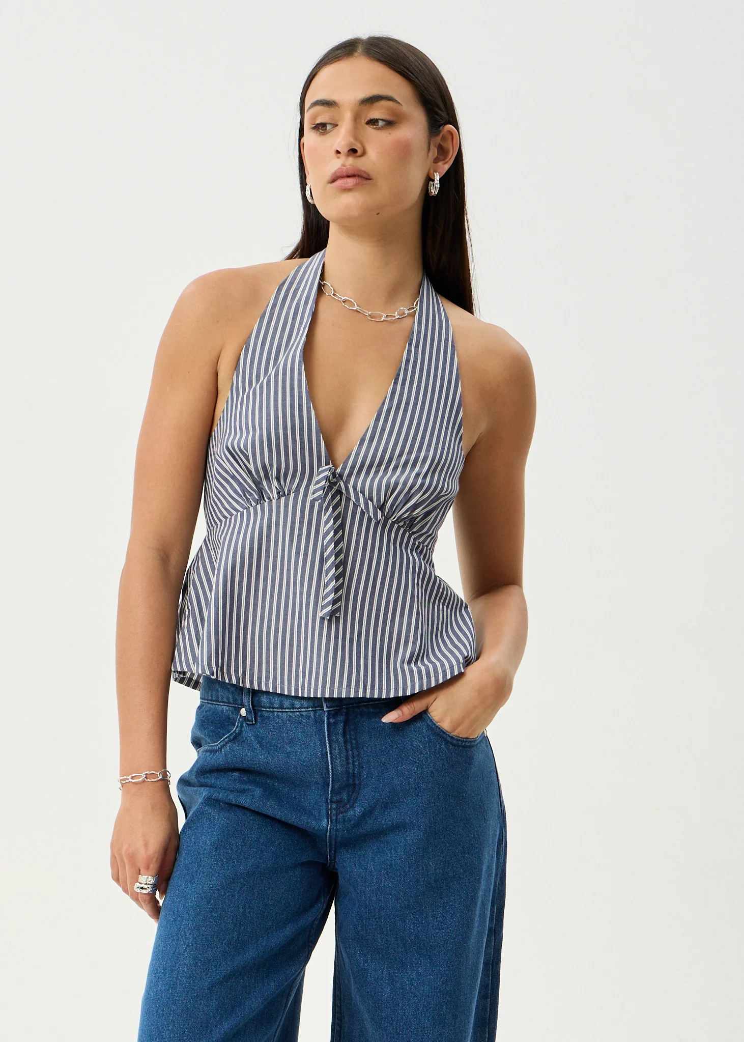 AFENDS Womens Delta - Halter Top - Navy Stripe