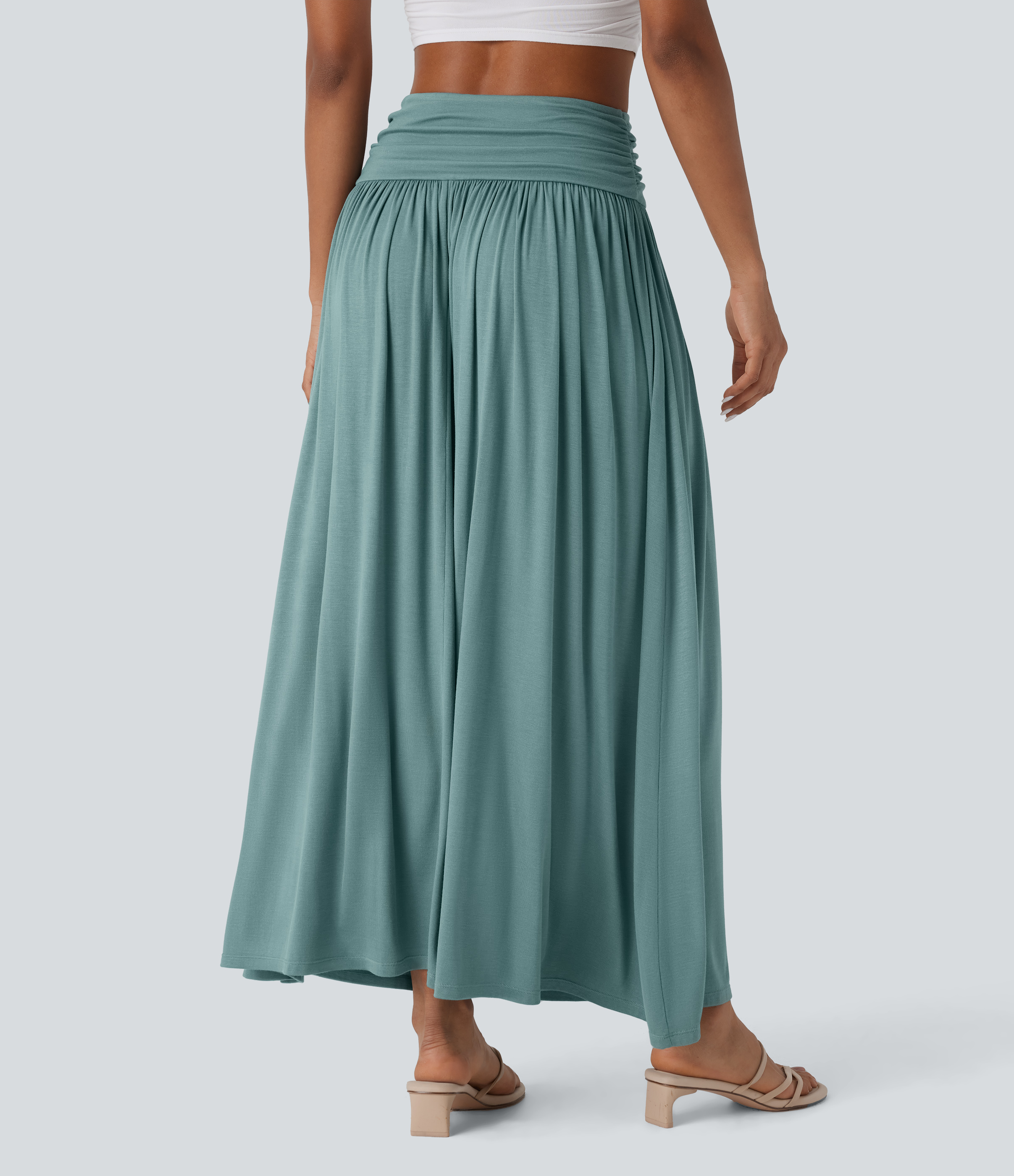 High Waisted Ruched Flowy Maxi Casual Skirt