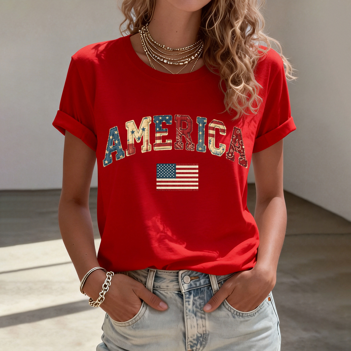 Women's American Patchwork Pattern T-Shirt