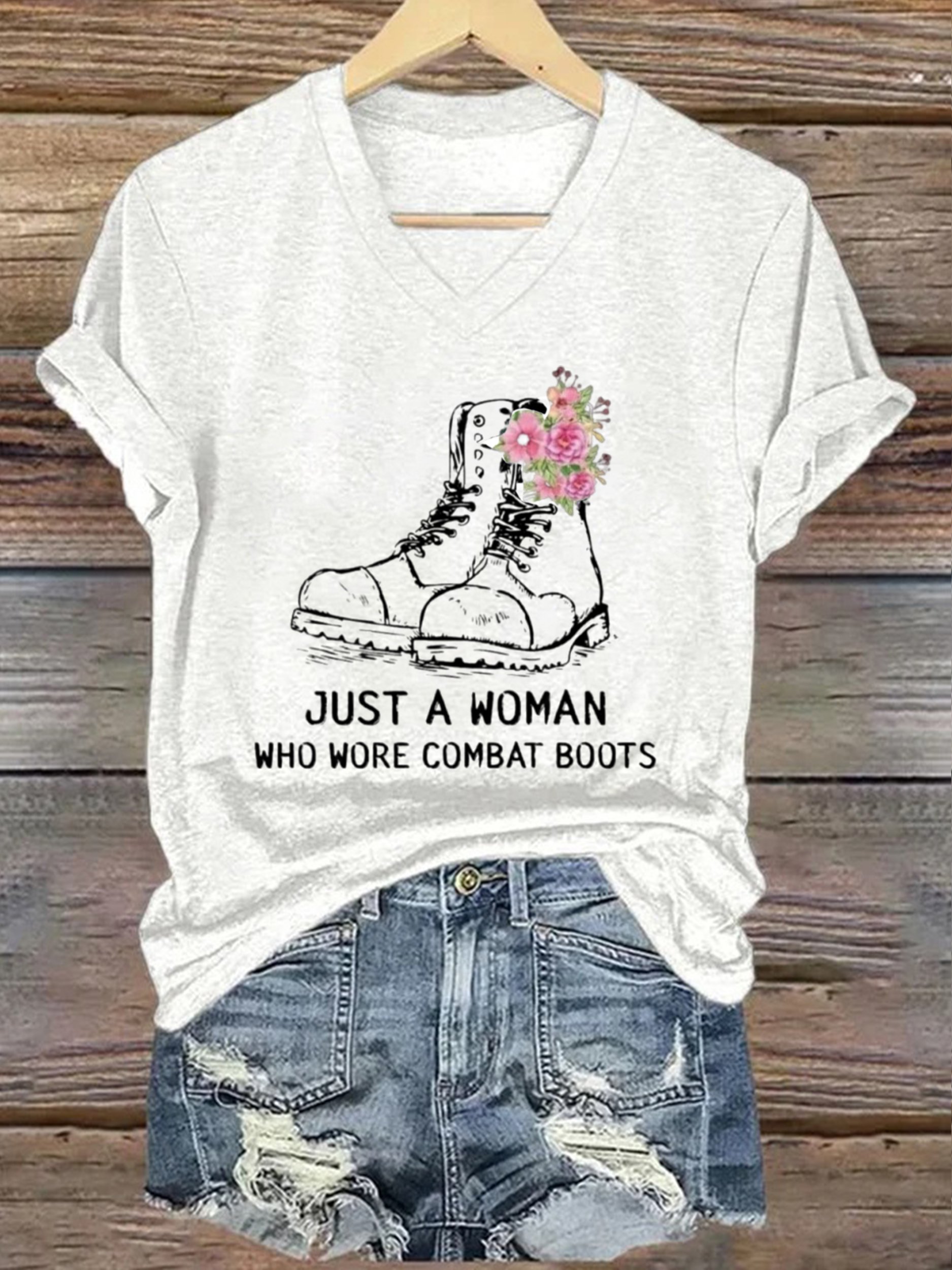 Women's Just A Woman In Combat Boots Printed Short-Sleeved T-Shirt