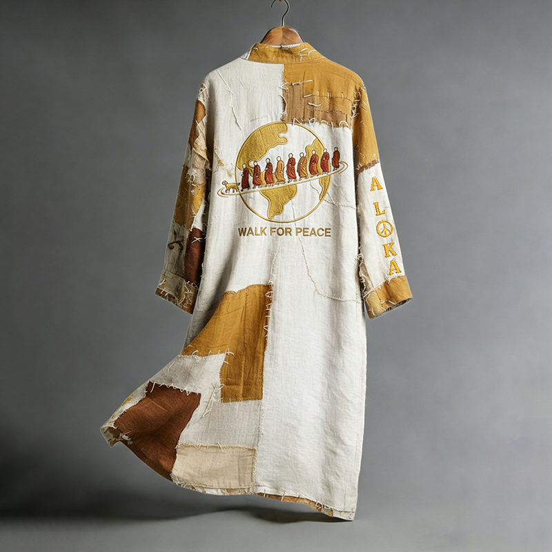 Vintage Peace For Walk Simple Art In Patchwork Print Linen Long Kimono