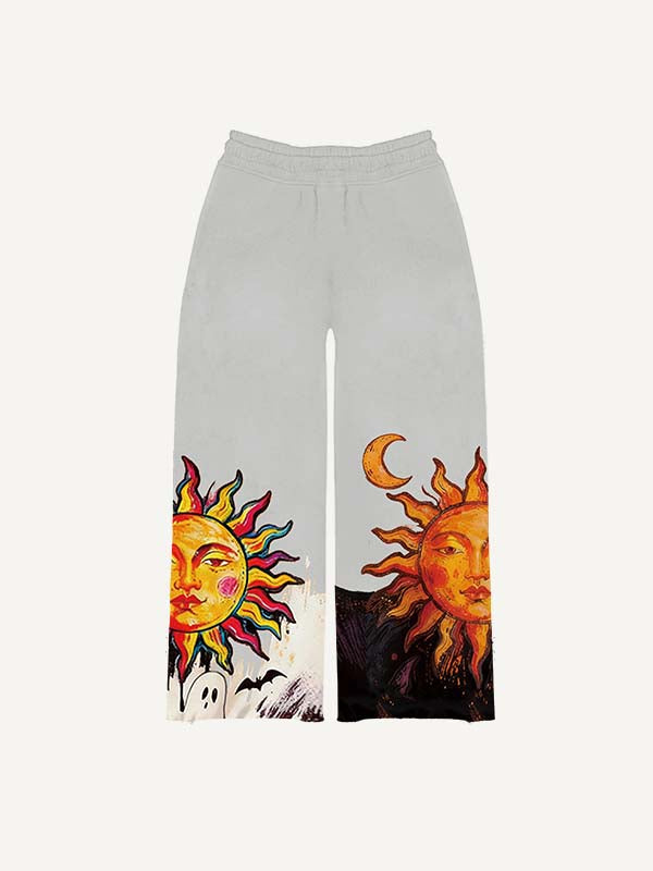 Sun&Moon&Ghost&Graphic Print Elastic Waist Pants
