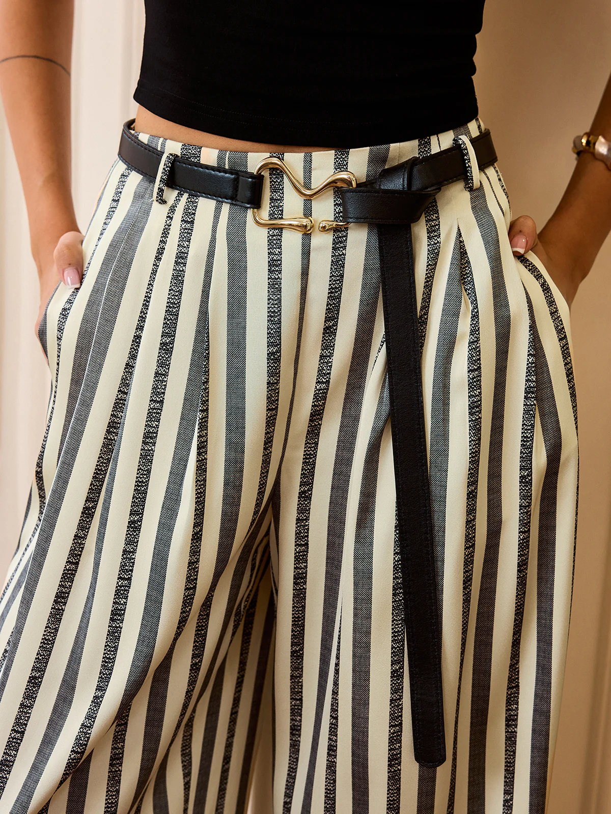 Mid-Waisted Striped Belted Pants