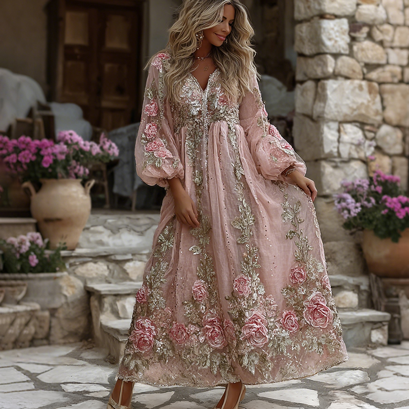 Women's Retro Floral Art Flowy Linen Blend Casual Long Sleeve Maxi Dress